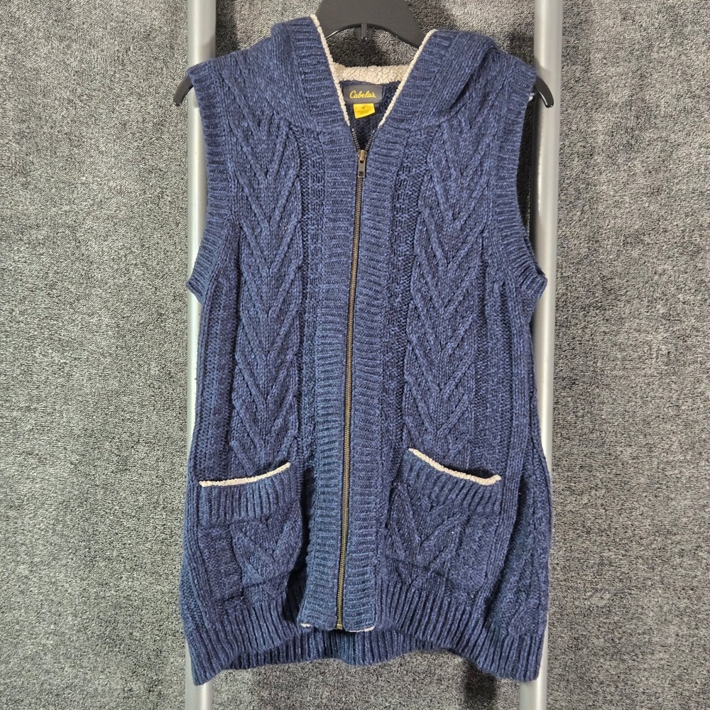 Cabelas Navy Blue Cable Knit Sherpa Lined Hooded Full Zip Vest Mens Medium